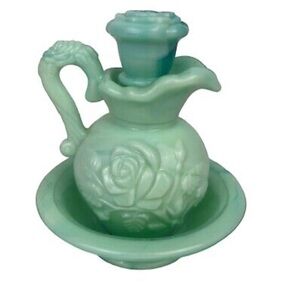 Vintage Avon Teal/Aqua Slag Stone Pitcher with Cork/Bowl, Embossed Flowers.